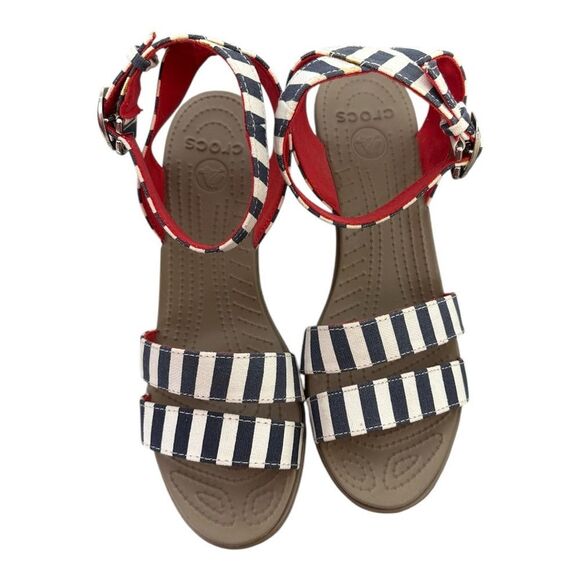 CROCS Navy and White Striped Wedges - Picture 2 of 9